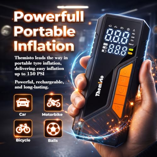 Themisto TH-TY04 Cordless Tyre Inflator 150 PSI, Dual Mode (6000mAh Battery & 12V Port), Pressure Gauge & LED SOS Flashlight I Portable Air Compressor I Car, Motorcycle, Bicycles & Other Inflatables - Image 3