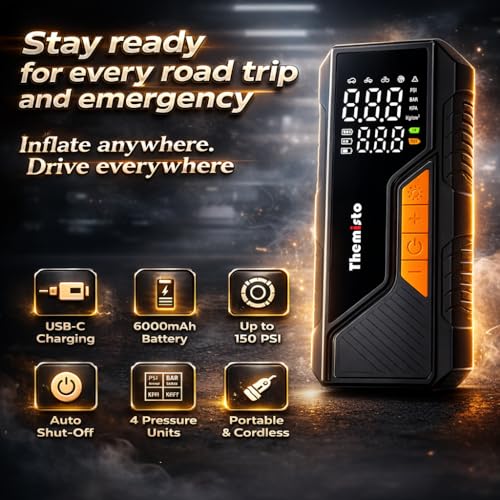 Themisto TH-TY04 Cordless Tyre Inflator 150 PSI, Dual Mode (6000mAh Battery & 12V Port), Pressure Gauge & LED SOS Flashlight I Portable Air Compressor I Car, Motorcycle, Bicycles & Other Inflatables - Image 2