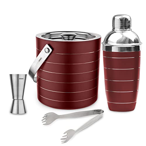 STEREN IMPEX Steren | Pack of 4 Piece Bar Set for Drink/Gift, Double Wall - Ice Bucket with Tong, Peg Measurer & Cocktail Shaker, Ring Design - Cherry - Image 1