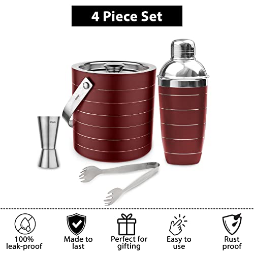 STEREN IMPEX Steren | Pack of 4 Piece Bar Set for Drink/Gift, Double Wall - Ice Bucket with Tong, Peg Measurer & Cocktail Shaker, Ring Design - Cherry - Image 5
