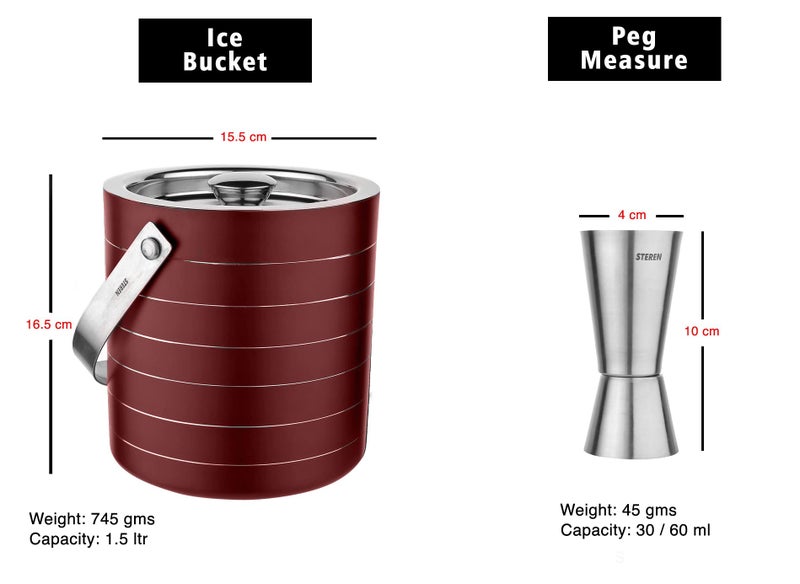 STEREN IMPEX Steren | Pack of 4 Piece Bar Set for Drink/Gift, Double Wall - Ice Bucket with Tong, Peg Measurer & Cocktail Shaker, Ring Design - Cherry - Image 3