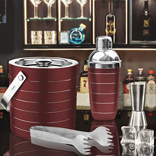 STEREN IMPEX Steren | Pack of 4 Piece Bar Set for Drink/Gift, Double Wall - Ice Bucket with Tong, Peg Measurer & Cocktail Shaker, Ring Design - Cherry - Image 2