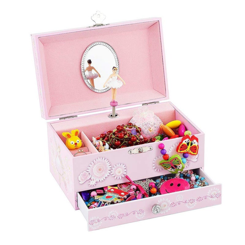 RR ROUND RICH DESIGN Kids Musical Jewelry Box for Girls with Drawer and Jewelry Set with Ballerina Theme - Swan Lake Tune Pink - Image 5