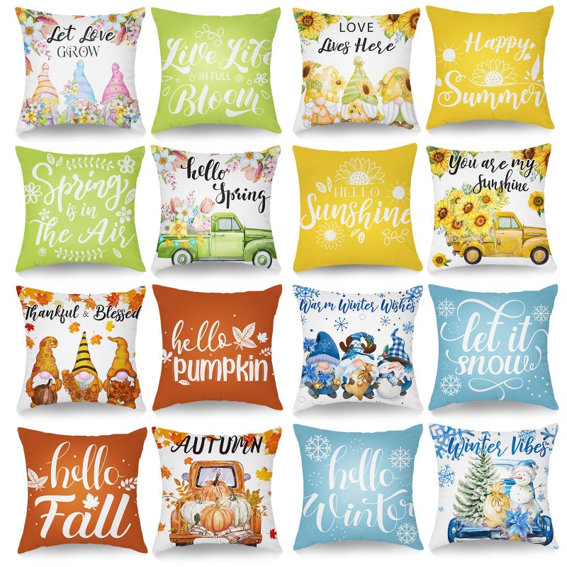 GlikCeil 16 Set Seasonal Pillow Covers 18 x 18 Inch Winter Throw Pillow Covers Winter Gnome Holiday Throw Pillowcase Let It Snow Decorative Cushion Case Sofa for Farmhouse Holiday Home Sofa Decor - Image 2