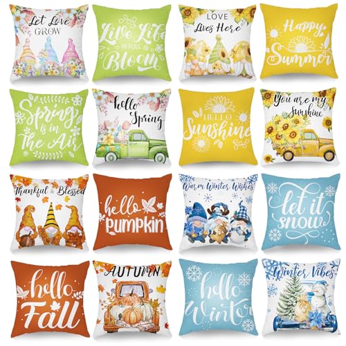 GlikCeil 16 Set Seasonal Pillow Covers 18 x 18 Inch Winter Throw Pillow Covers Winter Gnome Holiday Throw Pillowcase Let It Snow Decorative Cushion Case Sofa for Farmhouse Holiday Home Sofa Decor - Image 1