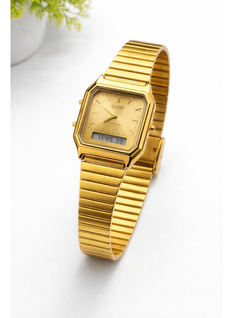 ساعة كاسيو فينتج تناظري ورقمي بسوار ستانلس ستيل ذهبي – مقاومة للماء – للجنسين
