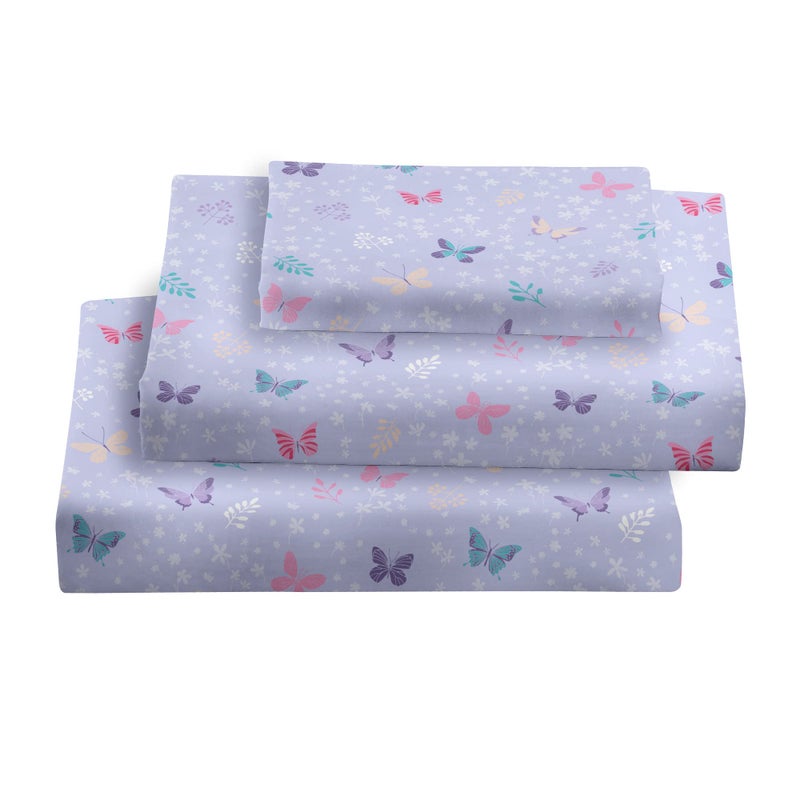 Viviland 3 Pieces Girls Light Purple Twin Sheet Set  Soft Microfiber Fitted Flat Sheets  Pillowcase  Butterfly Floral Printed Bedding Sets  for Kids  Toddlers