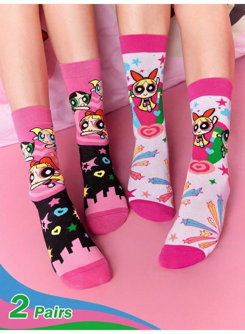 جوارب بنات وردية بشخصيات كرتونية فتيات القوة– زوجان مريحان مناسب للمقاس 36 إلى 39 - Image 1
