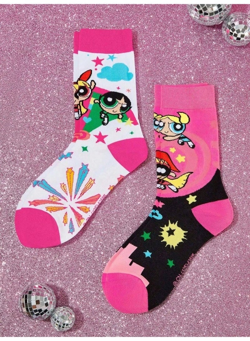 جوارب بنات وردية بشخصيات كرتونية فتيات القوة– زوجان مريحان مناسب للمقاس 36 إلى 39 - Image 4