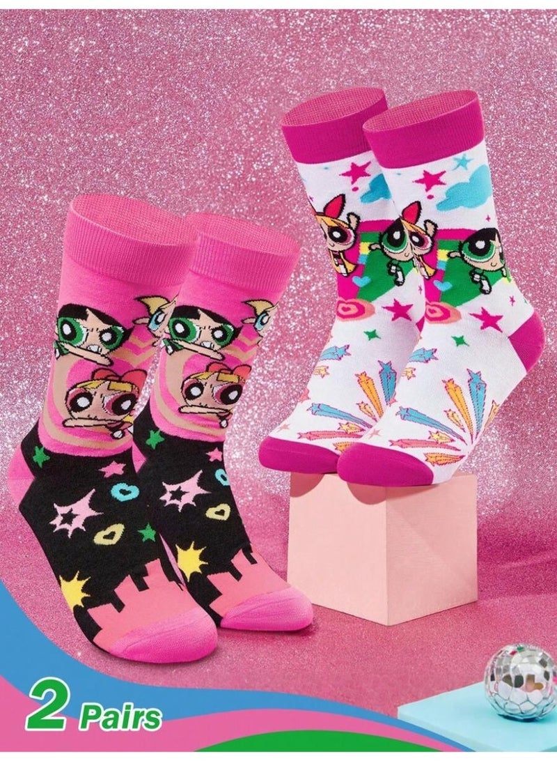جوارب بنات وردية بشخصيات كرتونية فتيات القوة– زوجان مريحان مناسب للمقاس 36 إلى 39 - Image 2