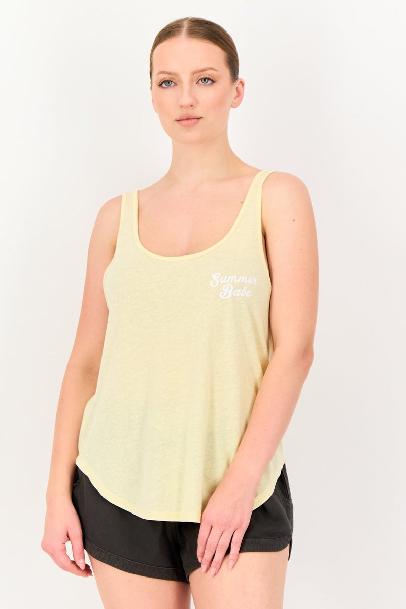 Billabong Women U-Neck Graphic Print Sleeveless Top, Yellow - Image 1