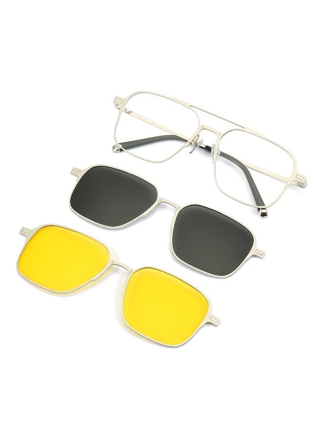 Magnetic Clip on Sunglasses for Men & Women Polarized UV Protection Retro Square Eyeglasses Fit Over Night Driving (3 PCS)