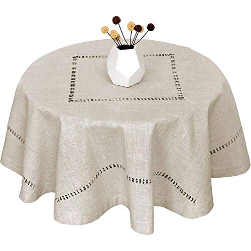 Grelucgo Large Handmade Double Hemstitch Natural Tablecloth Round 90 Inch