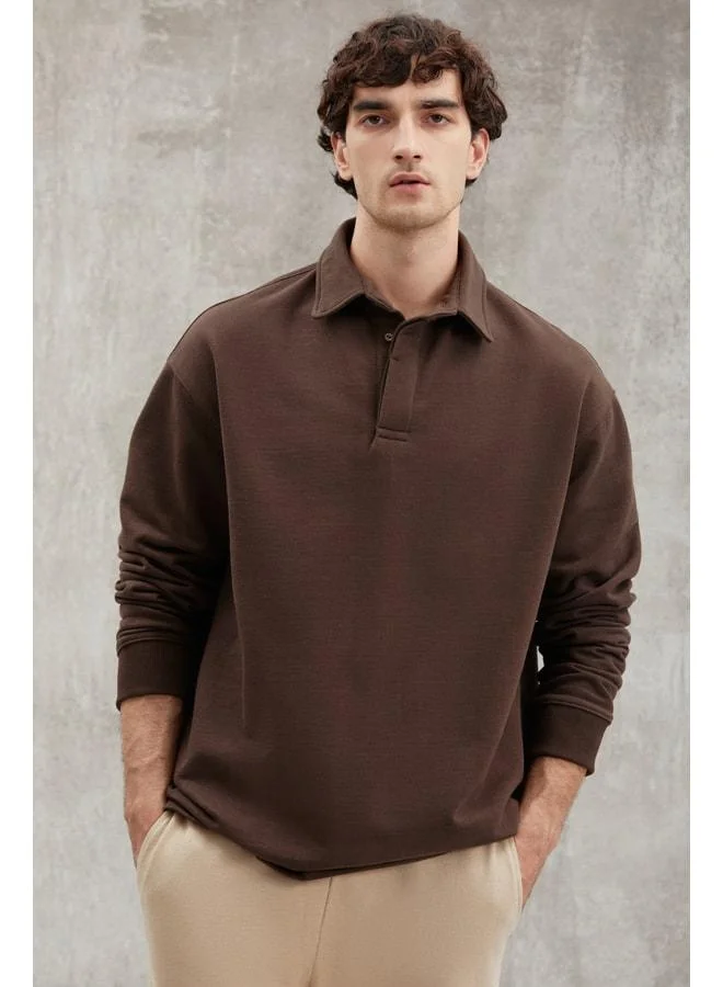 GRIMELANGE John Men's Polo Sweatshirt with Collar, Long Back Slit, Diagonal Fabric, Dark Brown