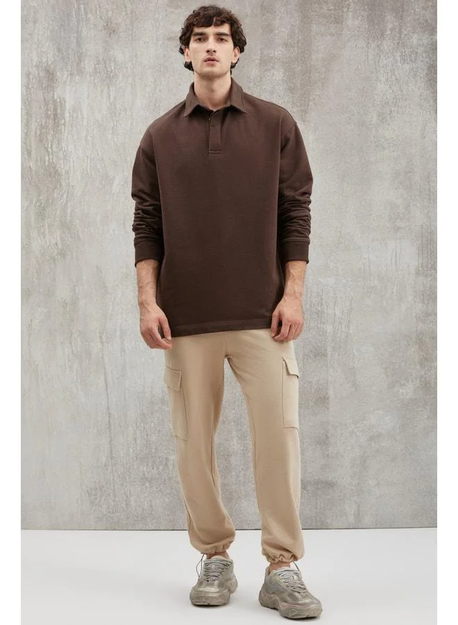 GRIMELANGE John Men's Polo Sweatshirt with Collar, Long Back Slit, Diagonal Fabric, Dark Brown