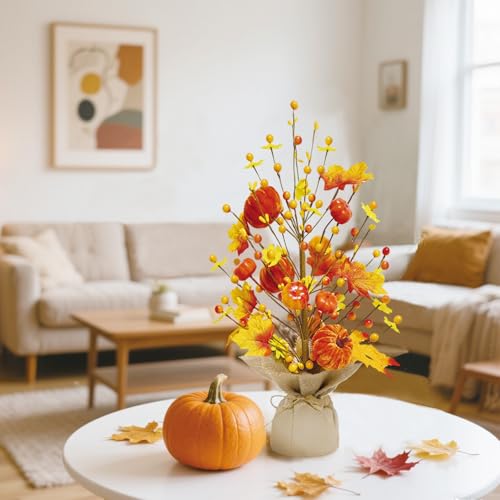 Cherica 2 Pcs Fall Decorations for Home 18 Inch Fall Tree Fall Decor Fake Pumpkin Berry Maple Leaves Table Centerpieces Autumn Harvest Home Decor for Halloween Thanksgiving Party - Image 3