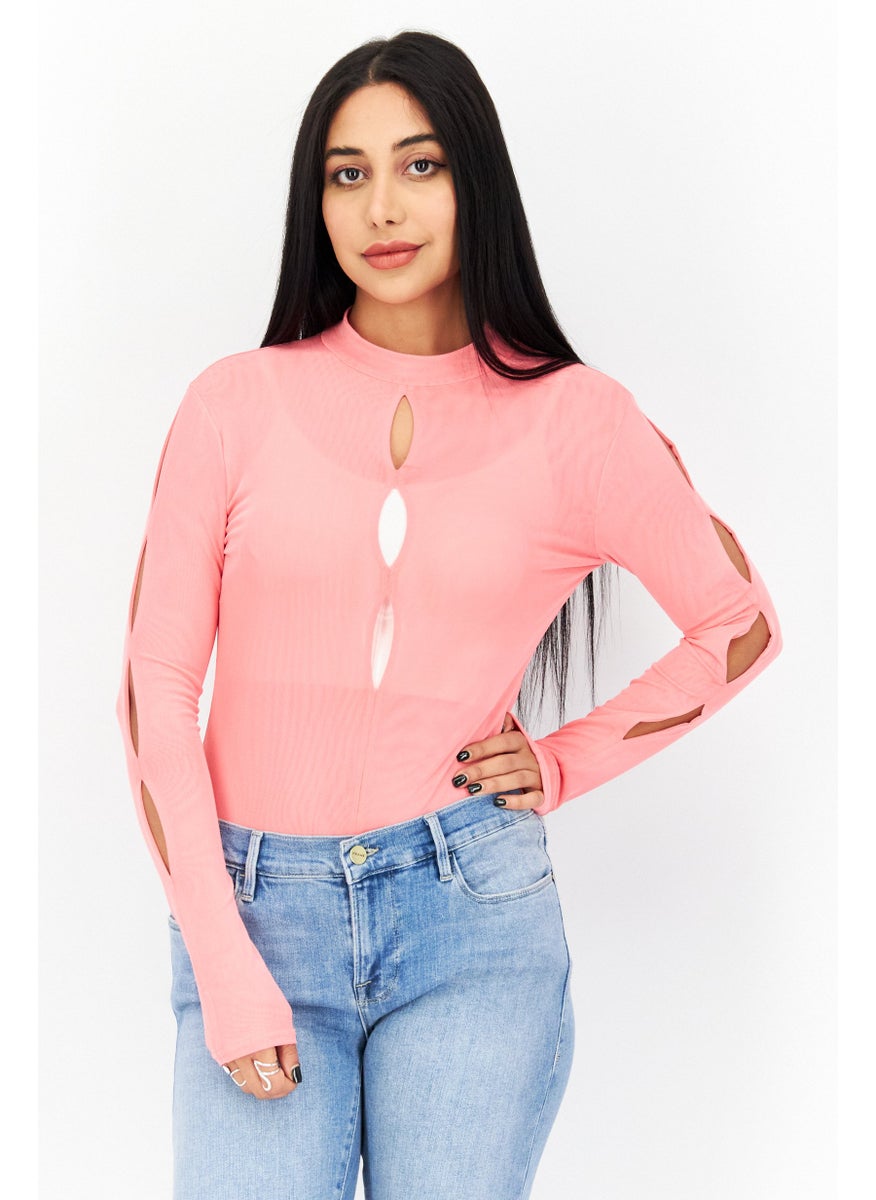 RIVER ISLAND Women Textured Long Sleeve Bodysuit, Pink  - Image 1