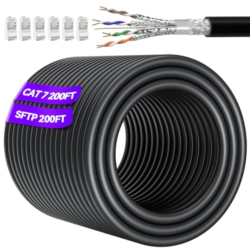 Soibke Cat 7 Outdoor Ethernet Cable 200ft Bulk (10 RJ45), Cat7 SFTP Triple Shielded Ethernet Cable, High Speed 10Gbps, 24AWG, Waterproof, Direct Burial, UV Resistant Internet Cables 200ft for Modem Router - Image 1