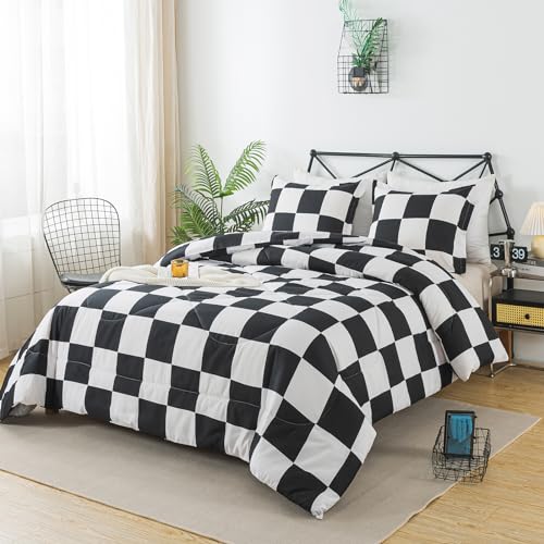 Caressma Black White Plaid Comforter Set Queen Size, Buffalo Check Plaid Comforter Bedding Set for All Seasons, Farmhouse Soft Microfiber Comforter with Pillowshams - Image 2