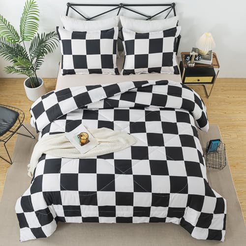 Caressma Black White Plaid Comforter Set Queen Size, Buffalo Check Plaid Comforter Bedding Set for All Seasons, Farmhouse Soft Microfiber Comforter with Pillowshams - Image 1