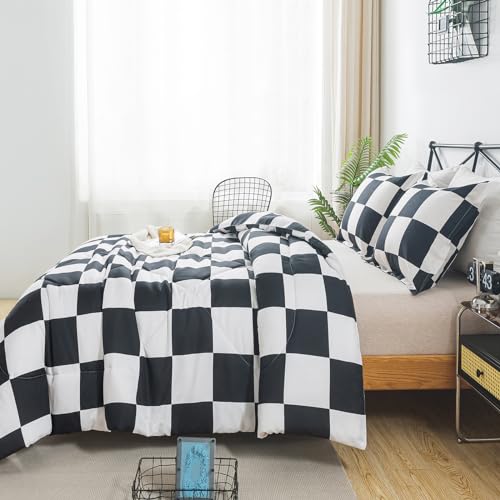 Caressma Black White Plaid Comforter Set Queen Size, Buffalo Check Plaid Comforter Bedding Set for All Seasons, Farmhouse Soft Microfiber Comforter with Pillowshams - Image 4