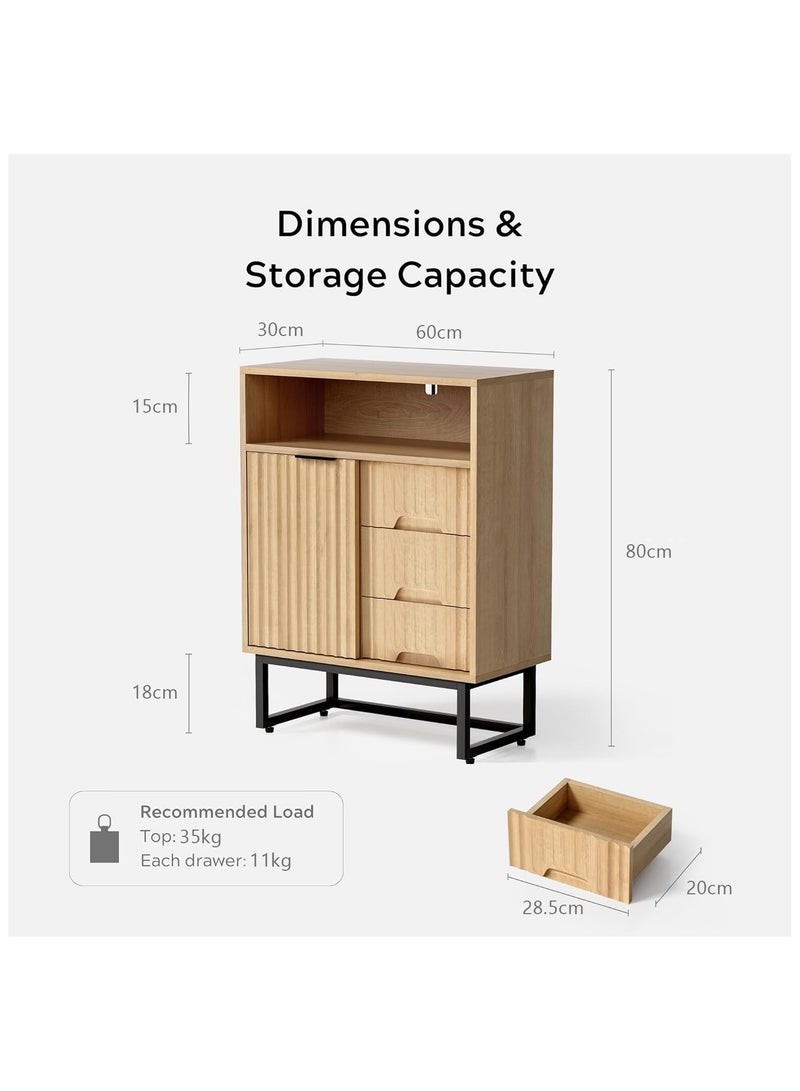 Chogori Fluted Bathroom Floor Cabinet with Sliding Door, Modern 3 Drawers Storage Organizer with Black Metal Base Adjustable Shelf Wood Storage Cabinet Freestanding for Bathroom Kitchen Dining Room  - Image 2