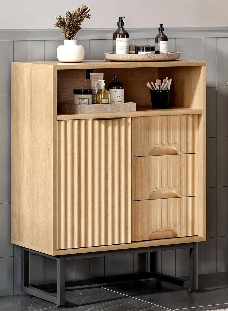 Chogori Fluted Bathroom Floor Cabinet with Sliding Door, Modern 3 Drawers Storage Organizer with Black Metal Base Adjustable Shelf Wood Storage Cabinet Freestanding for Bathroom Kitchen Dining Room  - Image 1
