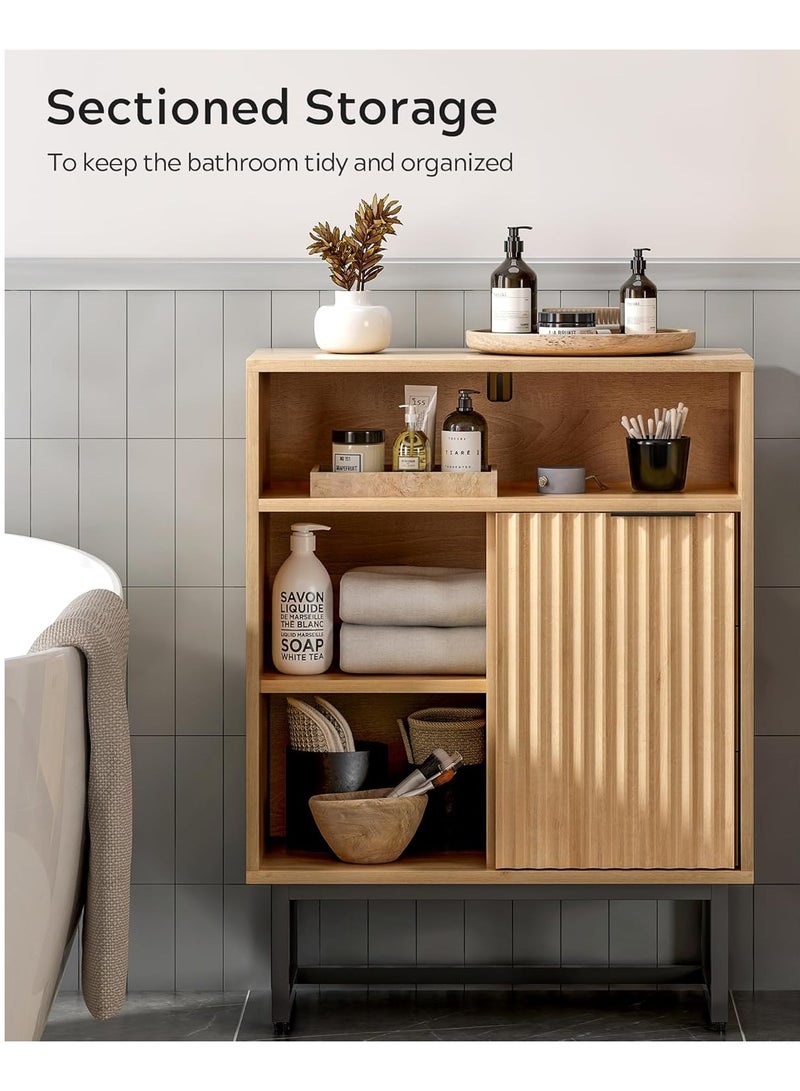 Chogori Fluted Bathroom Floor Cabinet with Sliding Door, Modern 3 Drawers Storage Organizer with Black Metal Base Adjustable Shelf Wood Storage Cabinet Freestanding for Bathroom Kitchen Dining Room  - Image 3