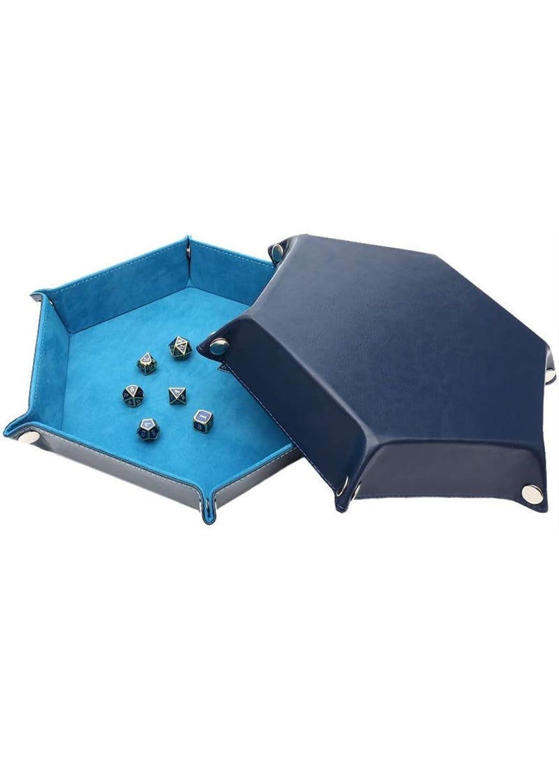 Dice Tray Metal Dice Rolling Tray Holder Storage Box for Table Games Double Sided Folding Thick PU Leather and Velvet Holder Storage Box (BLUE) - Image 4