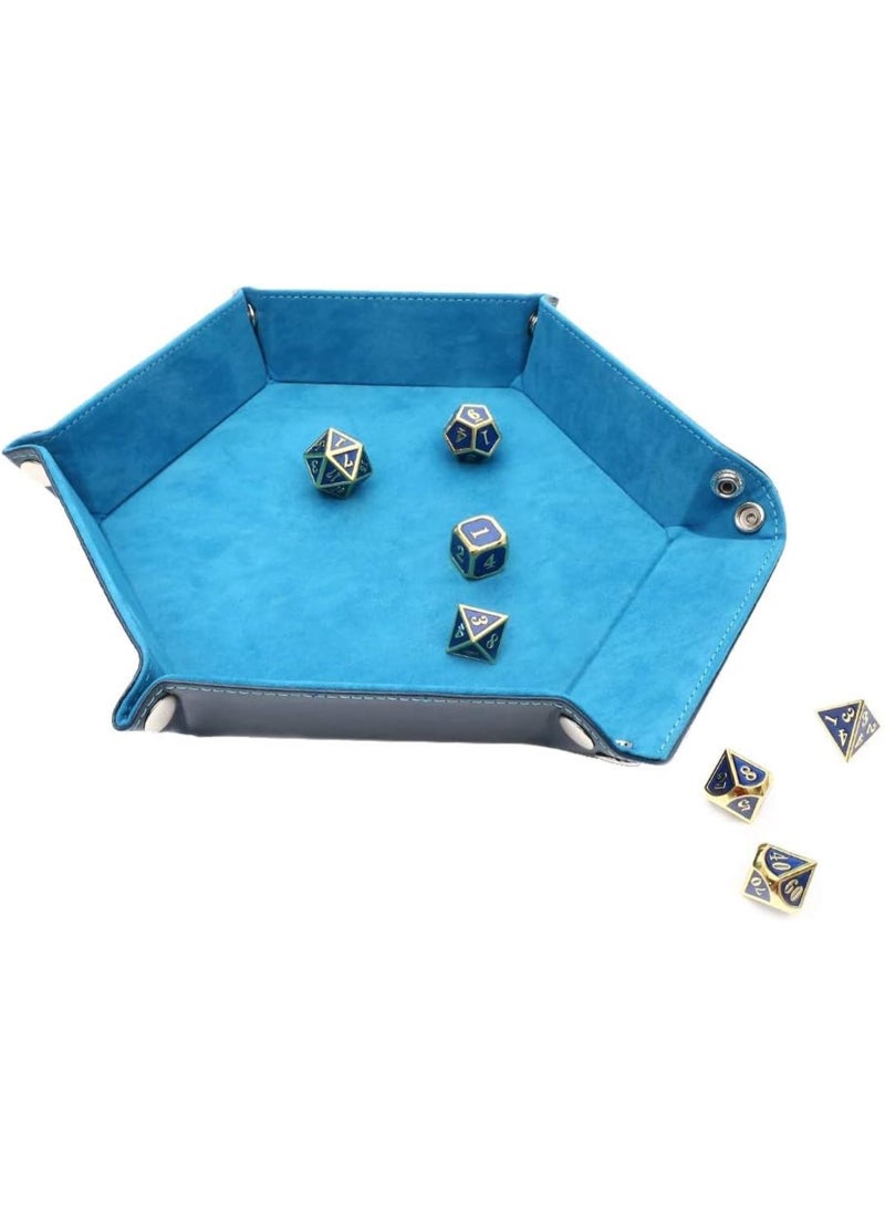 Dice Tray Metal Dice Rolling Tray Holder Storage Box for Table Games Double Sided Folding Thick PU Leather and Velvet Holder Storage Box (BLUE) - Image 3