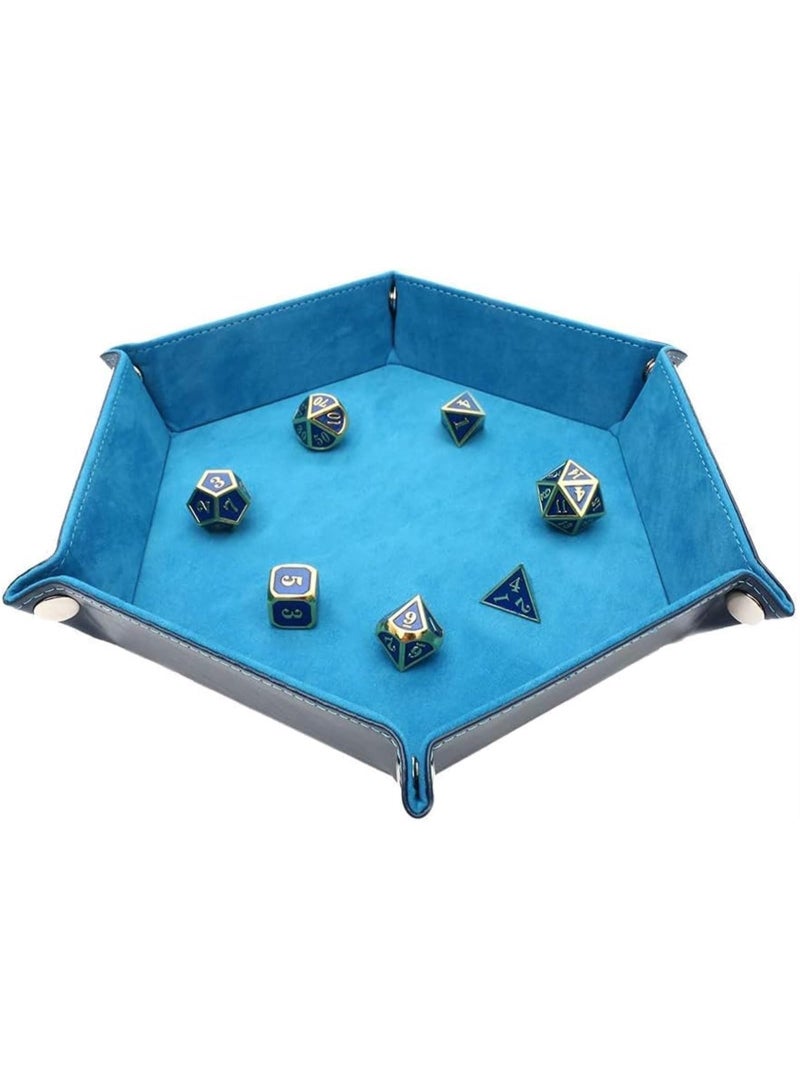 Dice Tray Metal Dice Rolling Tray Holder Storage Box for Table Games Double Sided Folding Thick PU Leather and Velvet Holder Storage Box (BLUE) - Image 1