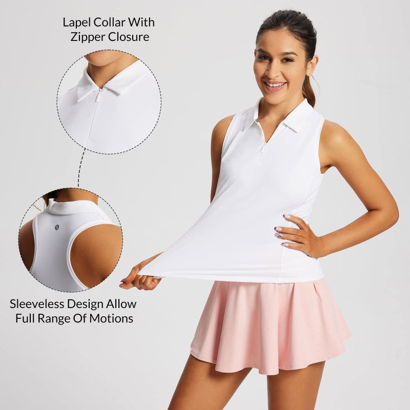 baleaf Women's Tennis Shirts Tank Tops Sleeveless Golf Polo Racerback with Zipper Collar Athletic Tanks Quick Dry-White-S - Image 5