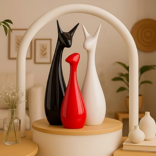 ascension Set of 3 Cute Deer Statue Ceramic Beautiful Lucky Red Black & White Deer Family Figurine Decorative Showpiece for Gifting Living Room House Warming Anniversary Birthday Office & Home Décor - Image 1