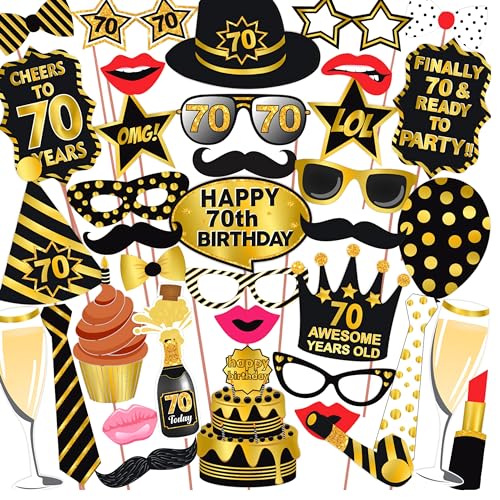 Wobbox 70th Birthday Photo Booth Party Props - Black & Golden With Bunting Banner, Decoration Items and Props - Image 5