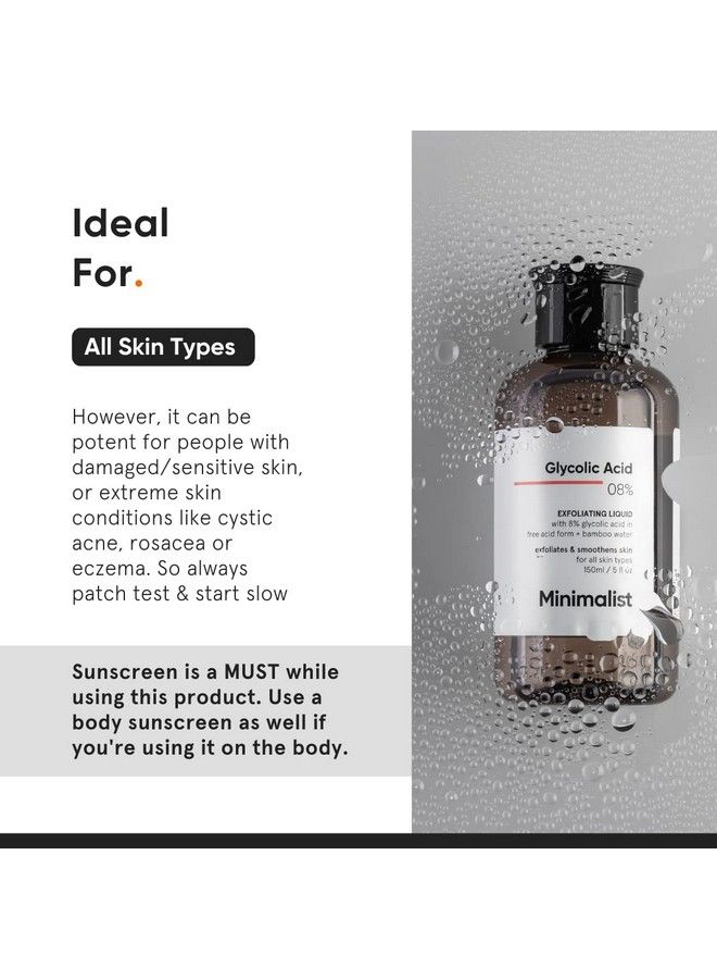 MINIMALIST تونر حمض الجليكوليك بنسبة 8% لبشرة متوهجة؛ تونر مقشر متعدد الوظائف بماء الخيزران للجسم والوجه والإبطين وفروة الرأس؛ للنساء والرجال؛ 150 مل  - Image 4