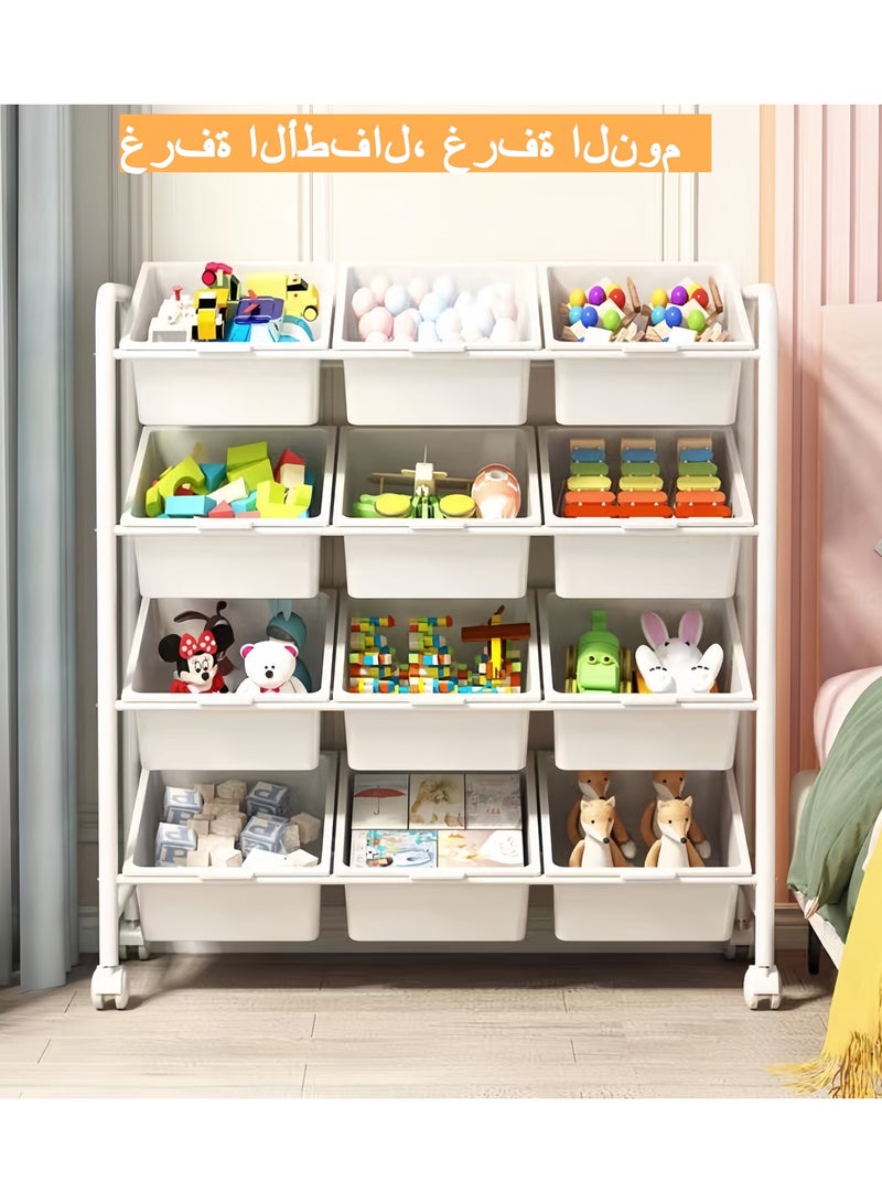 تقنية الربط الصاعد منظم ألعاب للأطفال بأربعة طبقات مع 12 صندوقًا قابلًا للإزالة - رف ألعاب فاخر لغرفة اللعب وغرفة النوم والحضانة والحضانة - Image 1
