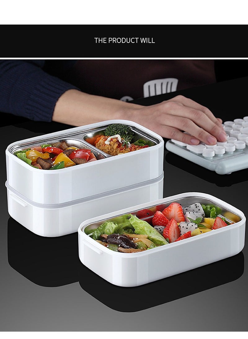 2- Layer Leakproof Bento Box, Microwave Oven Heating, Heat Preservation Lunch Box, Food Picks for Lunch Box Containers for Adults Student, 20 x 12 x 10.5cm(White)