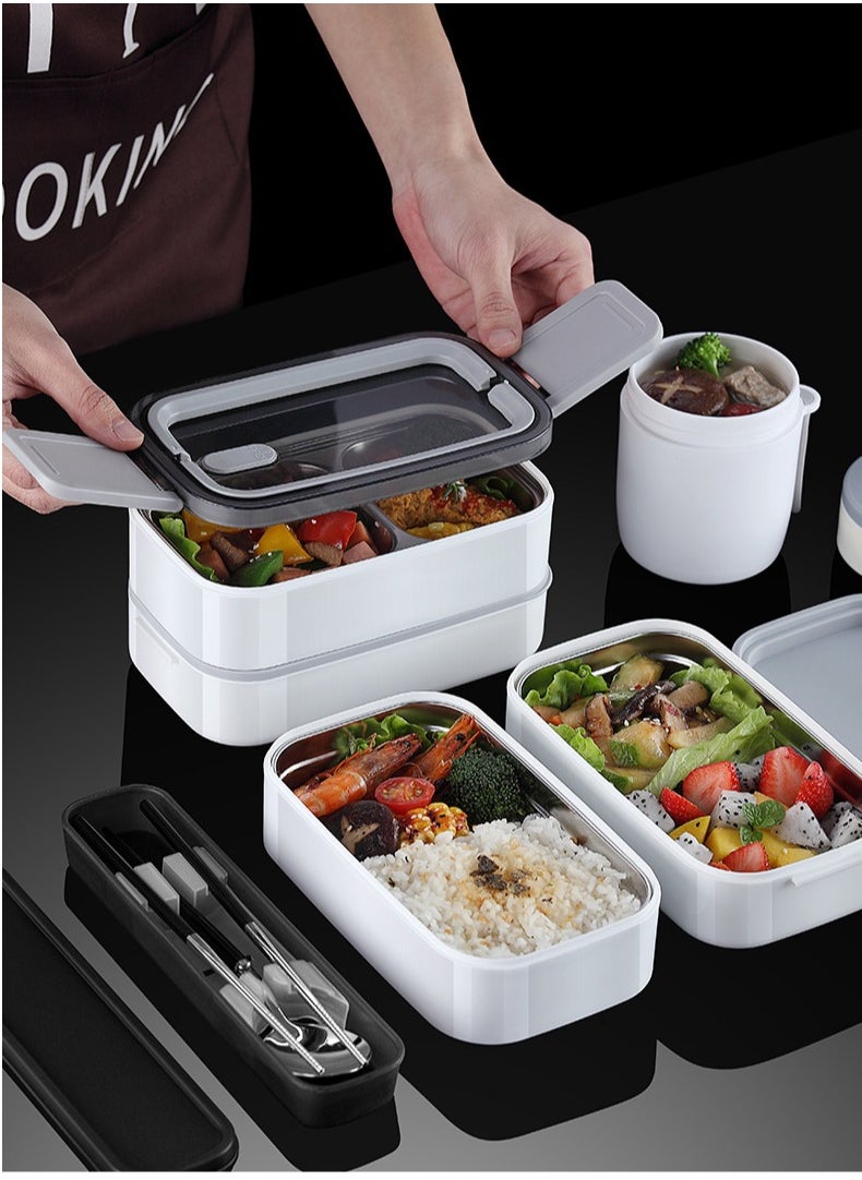 2- Layer Leakproof Bento Box, Microwave Oven Heating, Heat Preservation Lunch Box, Food Picks for Lunch Box Containers for Adults Student, 20 x 12 x 10.5cm(White)