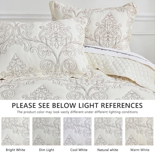 CHIXIN Bedspread Coverlet Set Queen Size - Lightweight Bedding Cover - Beautiful Stitching - 5 Piece Reversible Bedspread - Luxury Damask Paisley Pattern (Queen, Ivory) - Image 4