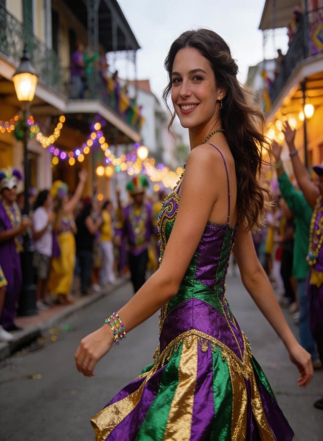 PHALIN 3PCS Mardi Gras Bracelets for Women Glitter Fleur De Lis Mask Jester Hat Charm Bracelets Beaded Stretch Bracelet Set for Carnival Parade Outfits Mardi Gras Accessory (Style A) - Image 3