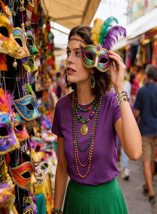 PHALIN 3PCS Mardi Gras Bracelets for Women Glitter Fleur De Lis Mask Jester Hat Charm Bracelets Beaded Stretch Bracelet Set for Carnival Parade Outfits Mardi Gras Accessory (Style A) - Image 2