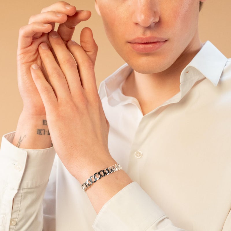 QUADRI - سوار رجالي من الفضة الإسترلينية عيار 925 بتصميم حلقات كوبية لامعة للغاية، مقاس 10 مم، مقطوع بالألماس الإيطالي - 8 بوصات - جودة ممتازة - صندوق هدايا متضمن - Image 4