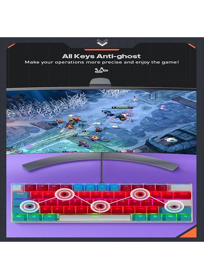 لوحة مفاتيح ألعاب RGB مكونة من 61 مفتاحًا، سلكية صغيرة مقاومة للماء بنسبة 60%، مع لوحة مفاتيح مضادة للظلال، وثلاثة أغطية مفاتيح ملونة مع مفتاح أحمر للاعبي الألعاب (أحمر، أزرق، أبيض) - Image 3