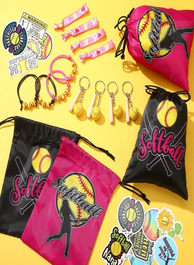 Jenaai 148 Pcs Softball Party Favors Include Drawstring Bags Charm Bracelets Keychain Hair Ties and Stickers, Softball Theme Gifts Party Favors for Women Birthday(Stylish) - Image 3