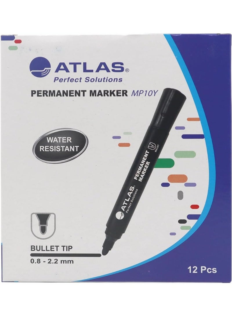 أطلس قلم تحديد دائم من أطلس، رأس رصاصي، حبر أسود، سريع الجفاف، مقاوم للماء، مقاوم للبهتان، قليل الرائحة، عبوة من 12 قلمًا