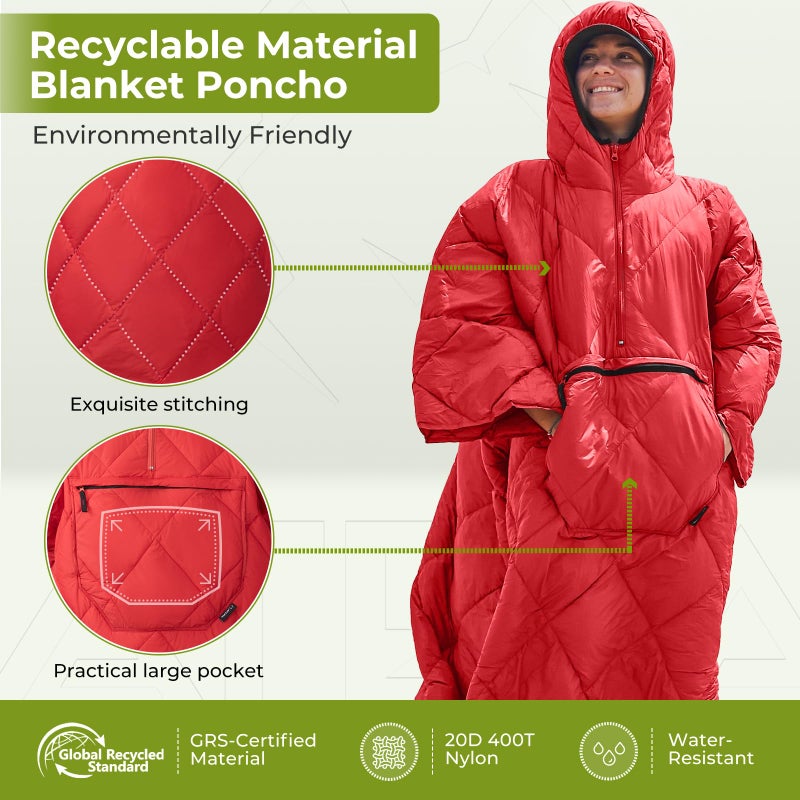 Atepa Wearable Sleeping Bag  Recycled Camping Wearable Down Blanket Poncho  Ultralight Warm Waterproof Cold Weather Sleeping Bag Coat Jacket Suit For Outdoor Sports  Camping Gifts Women Men  Red - Image 2