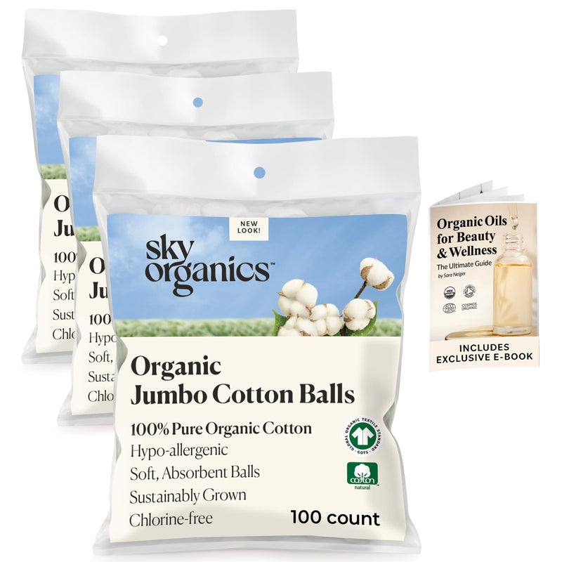 Sky Organics Sky Organics Organic Jumbo Cotton Balls for Sensitive Skin, 100% Pure Organic Cotton Sustainably Grown, Chlorine Free, Hypoallergenic, Ultra-Soft and Absorbant for Beauty & Personal Care, 300 ct. - Image 1