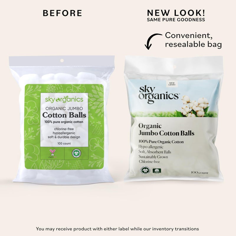 Sky Organics Sky Organics Organic Jumbo Cotton Balls for Sensitive Skin, 100% Pure Organic Cotton Sustainably Grown, Chlorine Free, Hypoallergenic, Ultra-Soft and Absorbant for Beauty & Personal Care, 300 ct. - Image 2