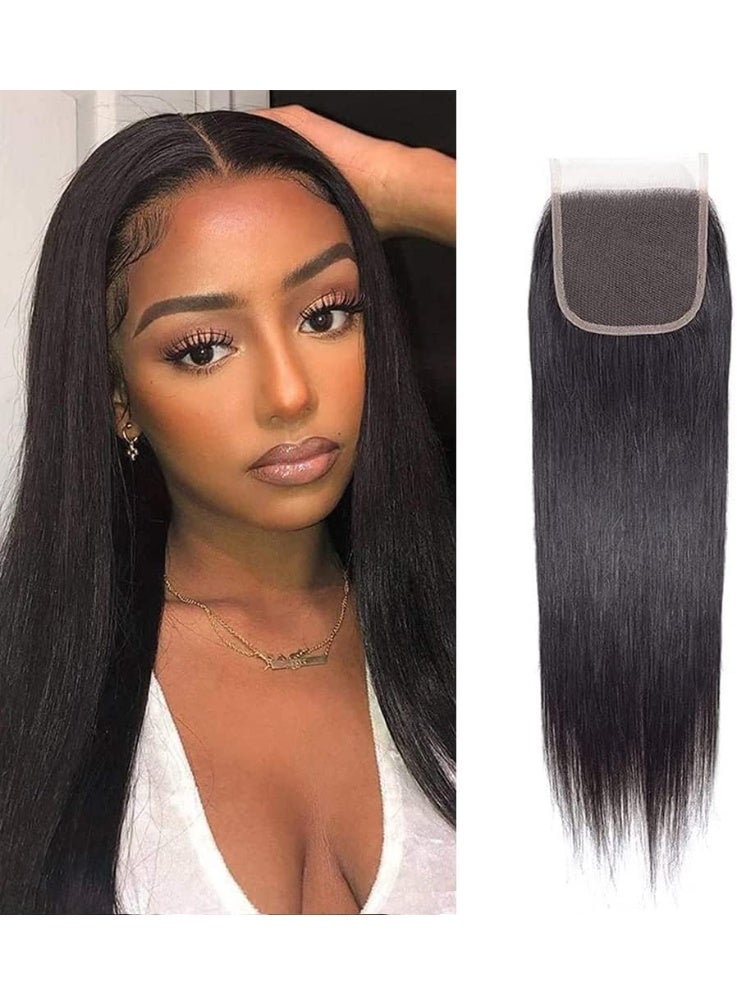 إستيل إغلاق شعر برازيلي مستقيم - جزء مجاني 4 × 4 إغلاق دانتيل، شعر بشري غير معالج بنسبة 100%، دانتيل سويسري علوي، أسود طبيعي - Image 1