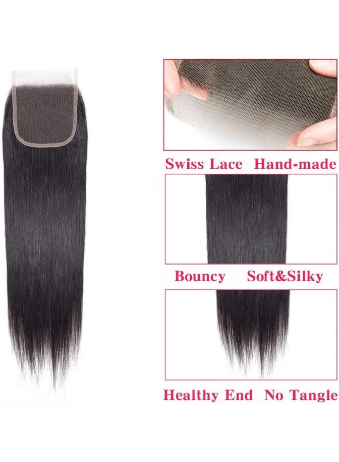 إستيل إغلاق شعر برازيلي مستقيم - جزء مجاني 4 × 4 إغلاق دانتيل، شعر بشري غير معالج بنسبة 100%، دانتيل سويسري علوي، أسود طبيعي - Image 3